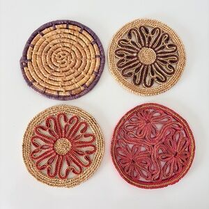 Retro Raffia Wicker Trivets Boho Cottage Country Straw Trivet Set of 4